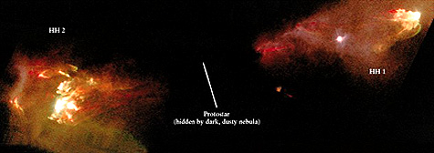 Two Herbig-Haro nebular patches around a nearly invisible protostar